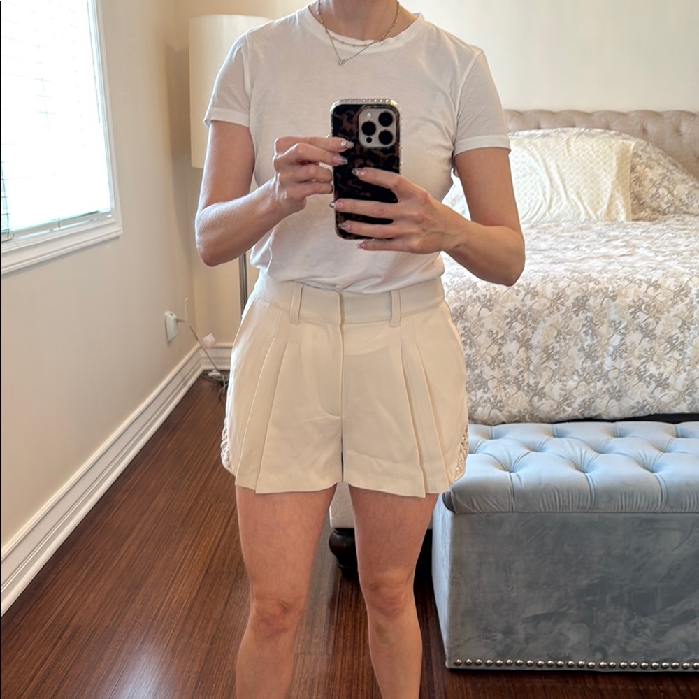 Women's Cream Pleated Shorts w/ Crochet Detail